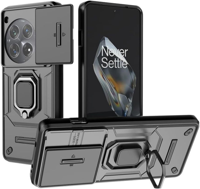 Mobizang Armor Slider Back Cover for OnePlus 12R | Inbuilt Ring + Camera Slider Shockproof Lens Protection Bumper Back Case (Black)