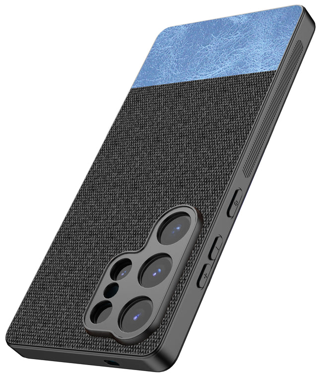 Mobizang Soft Fabric & Leather Hybrid Protective Back Cover for Samsung Galaxy S25 Ultra | Shockproof Slim Hard Anti Slip Back Case (Black,Blue)