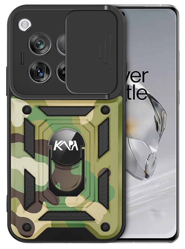 Mobizang Tank Back Cover for OnePlus 12R | Inbuilt Ring + Slider Shockproof Lens Protection Bumper Back Case (Green)