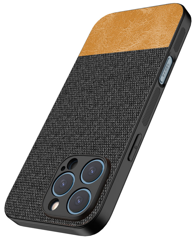 Mobizang Soft Fabric & Leather Hybrid Protective Back Cover for Apple iPhone 16 Pro | Shockproof Slim Hard Anti Slip Back Case (Black,Brown)