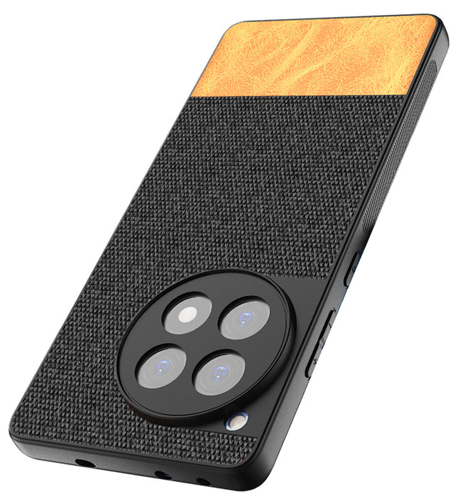 Mobizang Soft Fabric & Leather Hybrid Protective Back Cover for OnePlus 12R | Shockproof Slim Hard Anti Slip Back Case (Black,Brown)