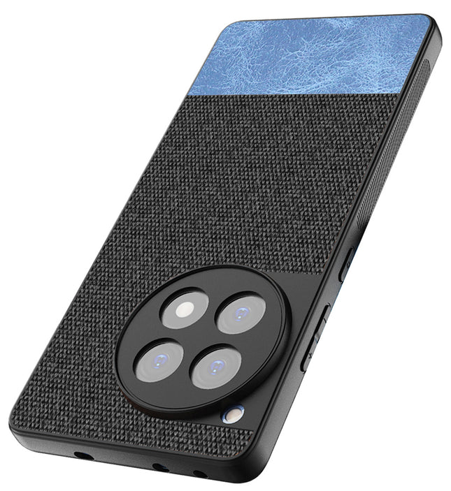 Mobizang Soft Fabric & Leather Hybrid Protective Back Cover for OnePlus 12R | Shockproof Slim Hard Anti Slip Back Case (Black,Blue)