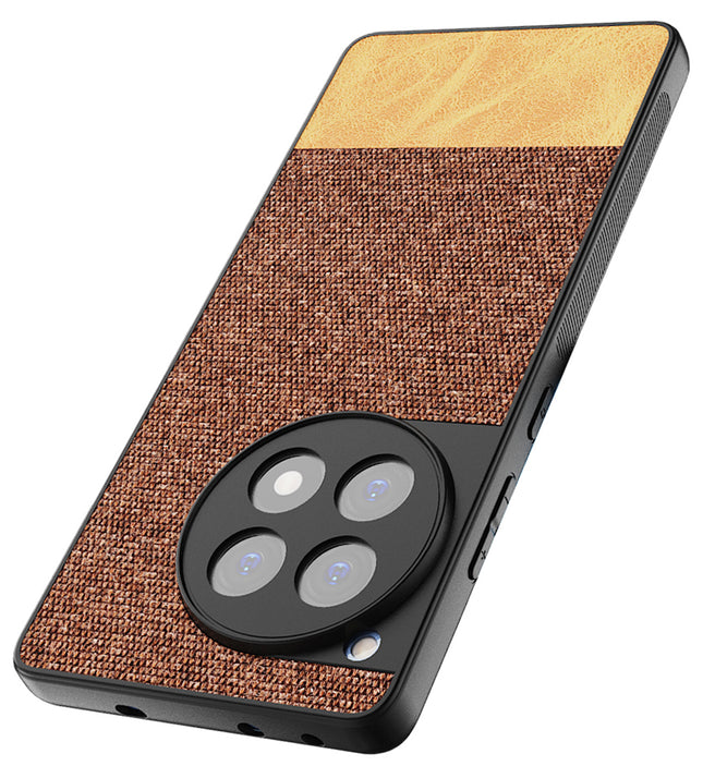 Mobizang Soft Fabric & Leather Hybrid Protective Back Cover for OnePlus 12R | Shockproof Slim Hard Anti Slip Back Case (Brown)