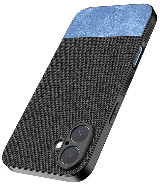 Mobizang Soft Fabric & Leather Hybrid Protective Back Cover for Apple iPhone 16 | Shockproof Slim Hard Anti Slip Back Case (Black,Blue)