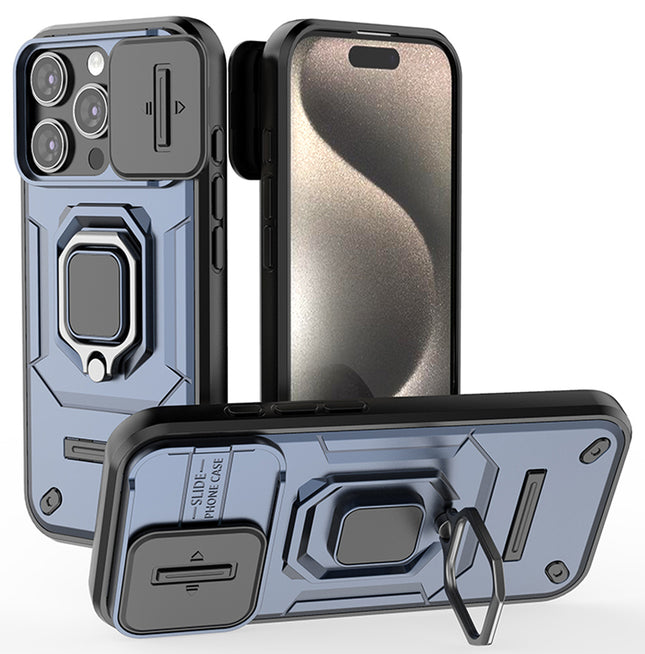 Mobizang Armor Slider Back Cover for Apple iPhone 16 Pro | Inbuilt Ring + Camera Slider Shockproof Lens Protection Bumper Back Case (Blue)