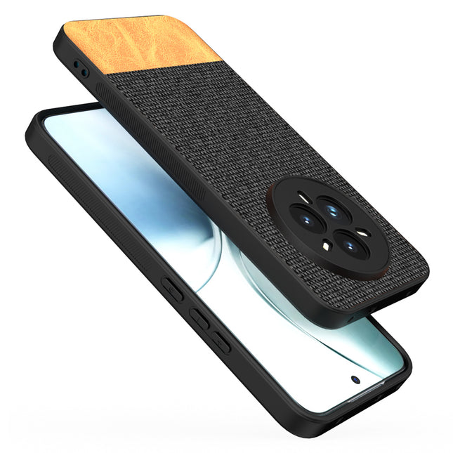 Mobizang Soft Fabric & Leather Hybrid Protective Back Cover for Realme 14 Pro 5G | Shockproof Slim Hard Anti Slip Back Case (Black,Brown)