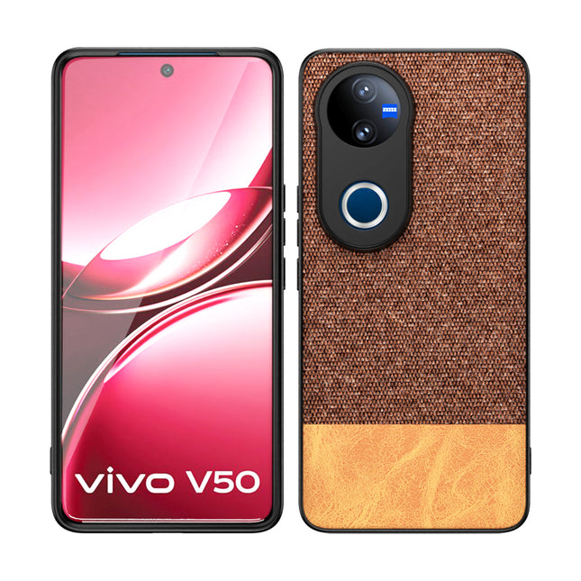 Mobizang Soft Fabric & Leather Hybrid Protective Back Cover for Vivo V50 5G | Shockproof Slim Hard Anti Slip Back Case (Brown)