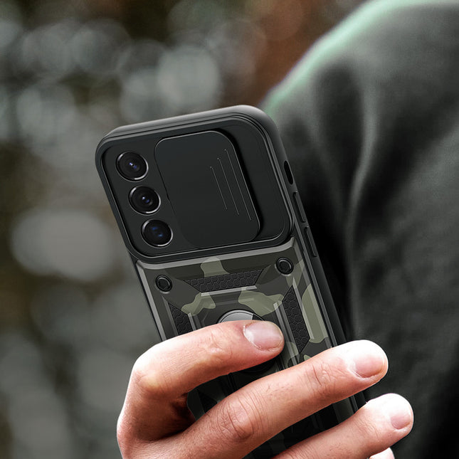 Mobizang Tank Back Cover for Samsung Galaxy S25 Ultra | Inbuilt Ring + Slider Shockproof Lens Protection Bumper Back Case (Black)