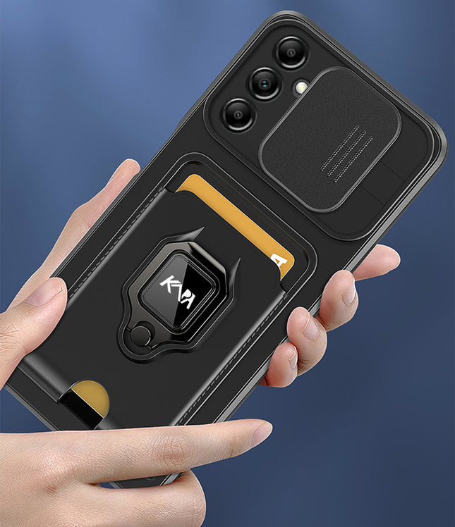 Mobizang Bisen Back Cover for Samsung Galaxy S25 Plus | Inbuilt Camera Slider Ring Stand and Card Pocket Shockproof Slim Bumper Back Case (Black)