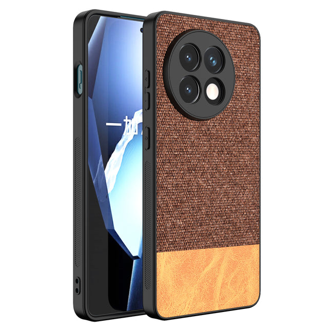 Mobizang Soft Fabric & Leather Hybrid Protective Back Cover for OnePlus 13R | Shockproof Slim Hard Anti Slip Back Case (Brown)