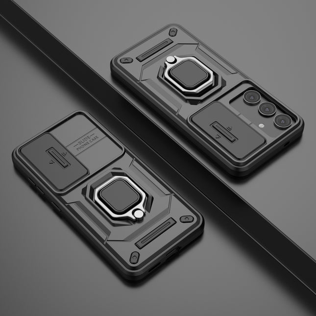 Mobizang Armor Slider Back Cover for Samsung Galaxy S25 PLUS | Inbuilt Ring + Camera Slider Shockproof Lens Protection Bumper Back Case (Black)