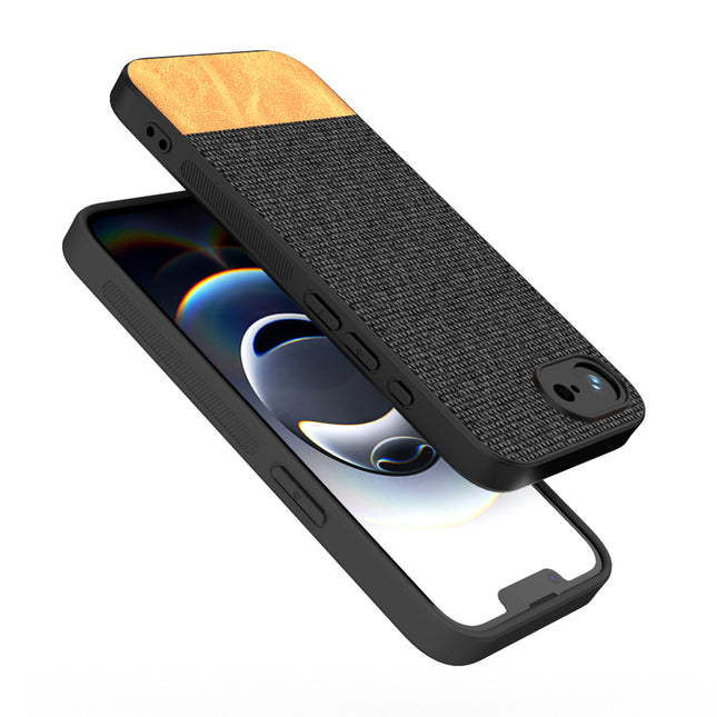 Mobizang Soft Fabric & Leather Hybrid Protective Back Cover for Apple iPhone 16E | Shockproof Slim Hard Anti Slip Back Case (Black,Brown)