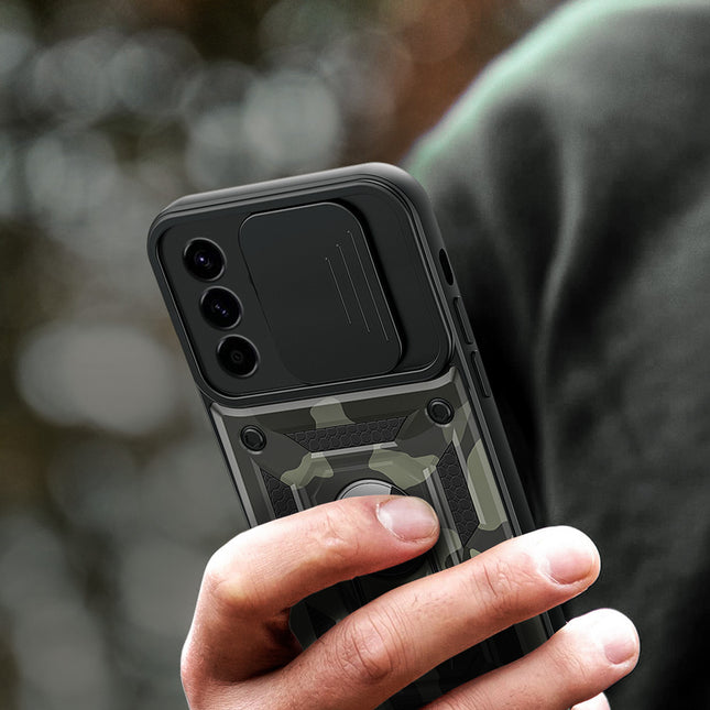 Mobizang Tank Back Cover for Samsung Galaxy S25 Plus | Inbuilt Ring + Slider Shockproof Lens Protection Bumper Back Case (Black)