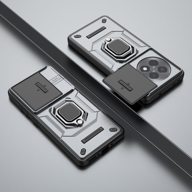 Mobizang Armor Slider Back Cover for OnePlus 13R | Inbuilt Ring + Camera Slider Shockproof Lens Protection Bumper Back Case (Grey)