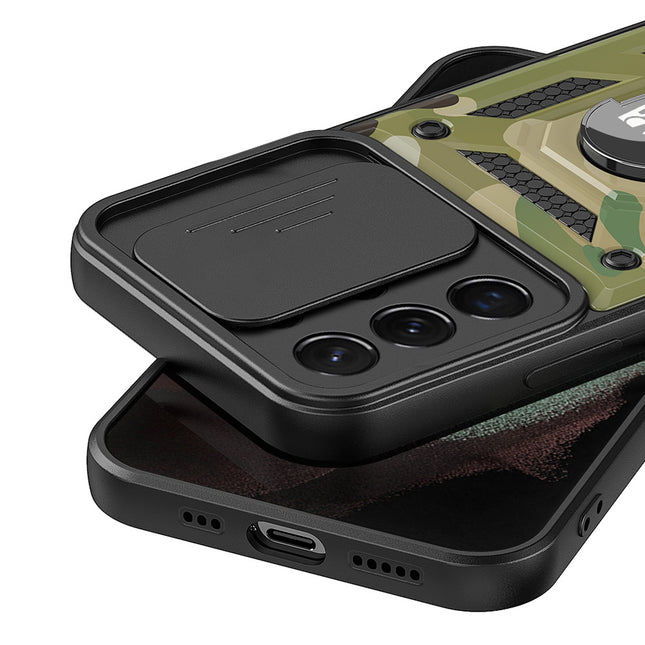 Mobizang Tank Back Cover for Samsung Galaxy S25 Ultra | Inbuilt Ring + Slider Shockproof Lens Protection Bumper Back Case (Green)