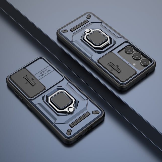 Mobizang Armor Slider Back Cover for Samsung Galaxy S25 | Inbuilt Ring + Camera Slider Shockproof Lens Protection Bumper Back Case (Blue)