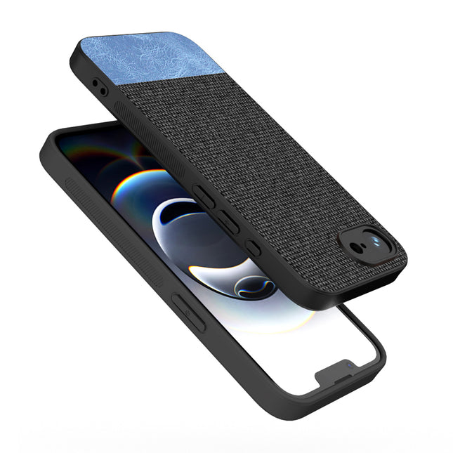 Mobizang Soft Fabric & Leather Hybrid Protective Back Cover for Apple iPhone 16E | Shockproof Slim Hard Anti Slip Back Case (Black,Blue)