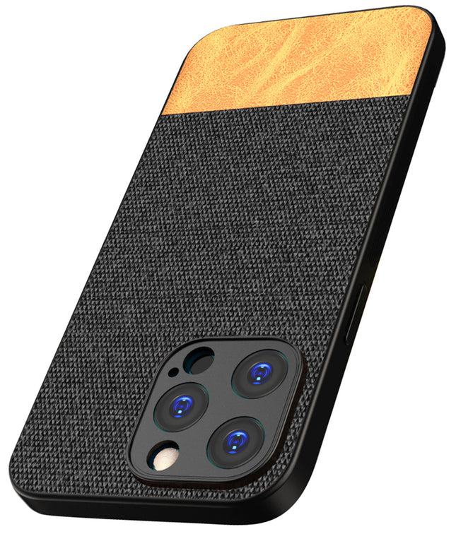 Mobizang Soft Fabric & Leather Hybrid Protective Back Cover for Apple iPhone 15 Pro | Shockproof Slim Hard Anti Slip Back Case (Black::Brown)