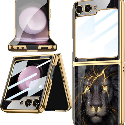 Mobizang 9H Glass Back Case for Samsung Galaxy Z Flip6 / Z Flip 6,Ultra Thin Full Body Protection Folding Hard Back Cover, Design Lion