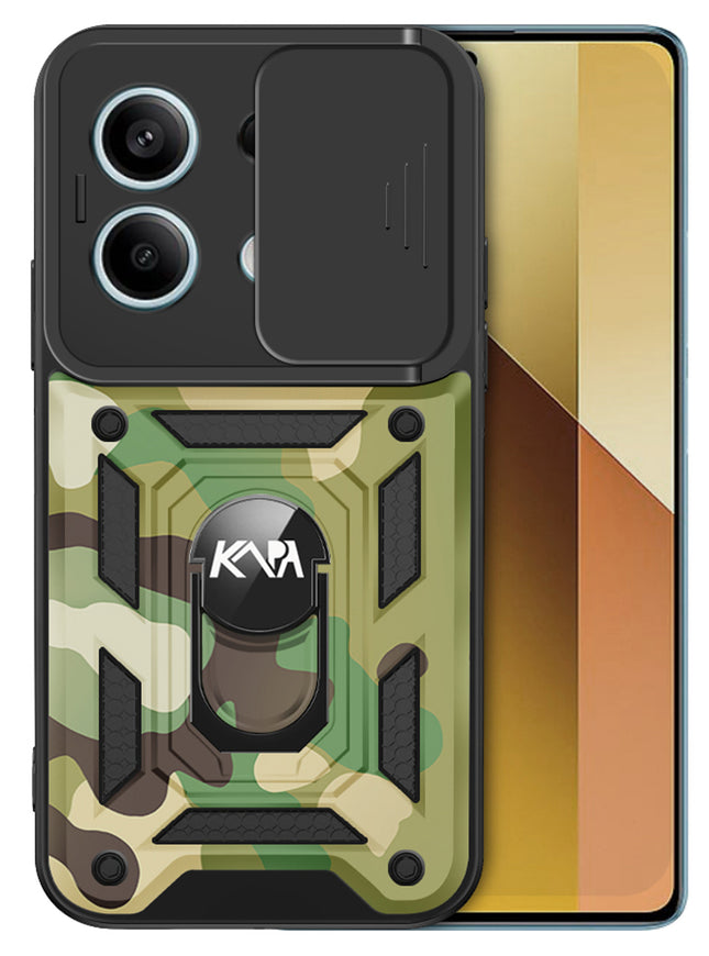 Kapa Tank Back Cover for Redmi Note 13 Pro (5G) | Inbuilt Ring + Slider Shockproof Lens Protection Bumper Back Case (Green)