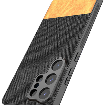 Mobizang Soft Fabric & Leather Hybrid Protective Back Cover for Samsung Galaxy S25 Ultra | Shockproof Slim Hard Anti Slip Back Case (Black,Brown)