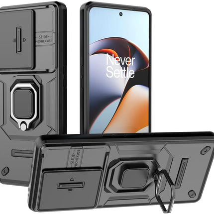 Mobizang Armor Slider Back Cover for OnePlus 11R | Inbuilt Ring + Camera Slider Shockproof Lens Protection Bumper Back Case (Black)