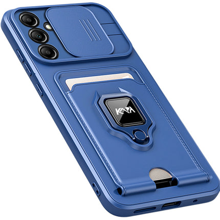 Kapa Bisen Back Cover for Samsung Galaxy A35 (5G) | Inbuilt Camera Slider Ring Stand and Card Pocket Shockproof Slim Bumper Back Case (Blue)