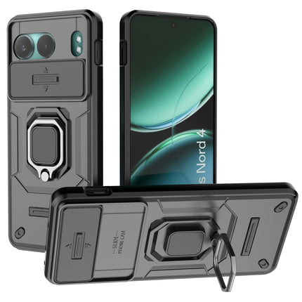Mobizang Armor Slider Back Cover for OnePlus Nord 4 | Inbuilt Ring + Camera Slider Shockproof Lens Protection Bumper Back Case (Black)