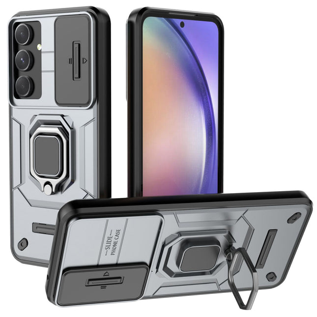 Mobizang Armor Slider Back Cover for Samsung Galaxy A55 (5G) | Inbuilt Ring + Camera Slider Shockproof Lens Protection Bumper Back Case (Grey)