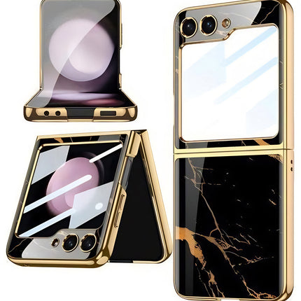 Mobizang 9H Glass Back Case for Samsung Galaxy Z Flip6 / Z Flip 6,Ultra Thin Full Body Protection Folding Hard Back Cover, Black Marble