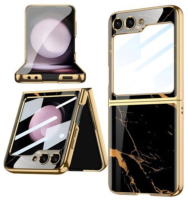 Mobizang 9H Glass Back Case for Samsung Galaxy Z Flip6 / Z Flip 6,Ultra Thin Full Body Protection Folding Hard Back Cover, Black Marble