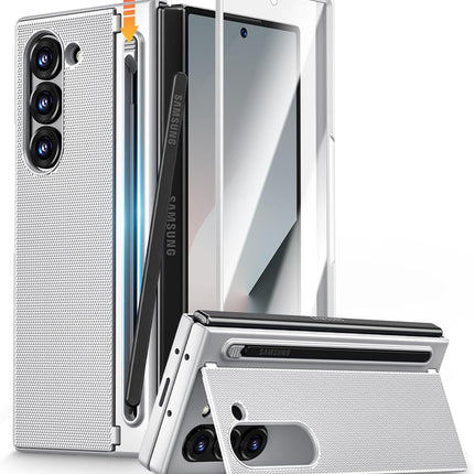 Mobizang Textured Grip S Pen Holder Hinge Protection Back Cover for Samsung Galaxy Z Fold6 / Fold 6 | with Inbuilt Glass , Kickstand & S Pen Slot Case (Silver)