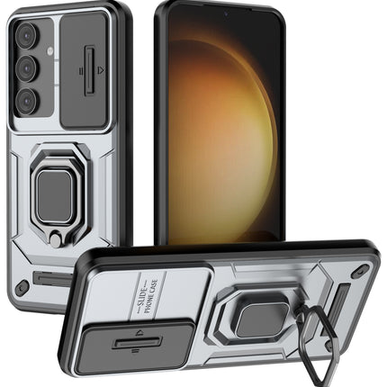 Mobizang Armor Slider Back Cover for Samsung Galaxy S25 PLUS | Inbuilt Ring + Camera Slider Shockproof Lens Protection Bumper Back Case (Grey)