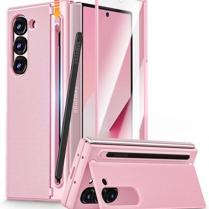 Mobizang Textured Grip S Pen Holder Hinge Protection Back Cover for Samsung Galaxy Z Fold6 / Fold 6 | with Inbuilt Glass , Kickstand & S Pen Slot Case (Pink)