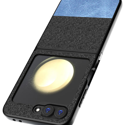 Mobizang Soft Fabric & Leather Hybrid Protective Back Cover for Samsung Galaxy Z Flip 6 | Shockproof Slim Hard Anti Slip Back Case (Black,Blue)