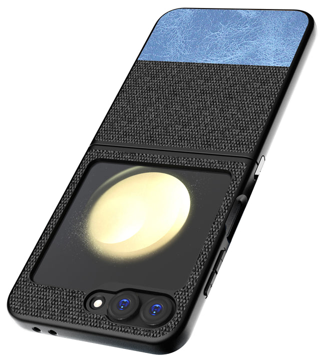 Mobizang Soft Fabric & Leather Hybrid Protective Back Cover for Samsung Galaxy Z Flip 6 | Shockproof Slim Hard Anti Slip Back Case (Black,Blue)