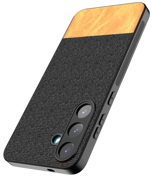 Mobizang Soft Fabric & Leather Hybrid Protective Back Cover for Samsung Galaxy S25 Plus | Shockproof Slim Hard Anti Slip Back Case (Black,Brown)