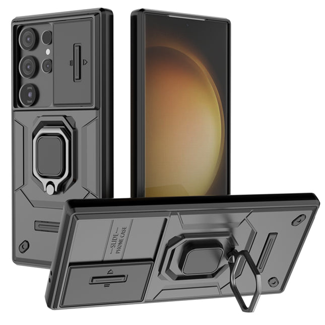 Mobizang Armor Slider Back Cover for Samsung Galaxy S24 Ultra | Inbuilt Ring + Camera Slider Shockproof Lens Protection Bumper Back Case (Black)