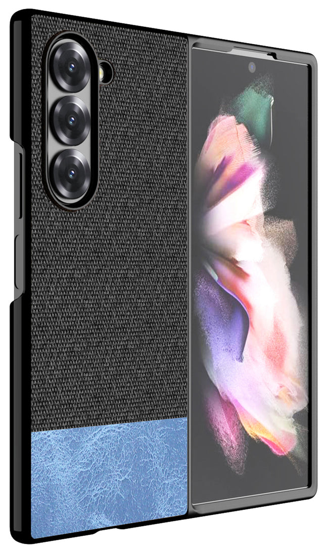 Mobizang Soft Fabric & Leather Hybrid Protective Back Cover for Samsung Galaxy Z Fold 6 | Shockproof Slim Hard Anti Slip Back Case (Black,Blue)