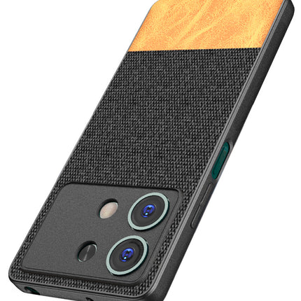 Mobizang Soft Fabric & Leather Hybrid Protective Back Cover for Poco X6 Neo (5G) | Shockproof Slim Hard Anti Slip Back Case (Black,Brown)