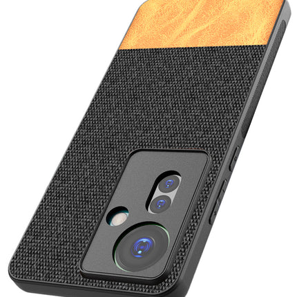 Mobizang Soft Fabric & Leather Hybrid Protective Back Cover for Oppo F25 Pro (5G) | Shockproof Slim Hard Anti Slip Back Case (Black,Brown)