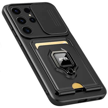 Mobizang Bisen Back Cover for Samsung Galaxy S25 Ultra | Inbuilt Camera Slider Ring Stand and Card Pocket Shockproof Slim Bumper Back Case (Black)
