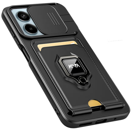 Kapa Bisen Back Cover for Redmi Note 13 Pro (5G) | Inbuilt Camera Slider Ring Stand and Card Pocket Shockproof Slim Bumper Back Case (Black)