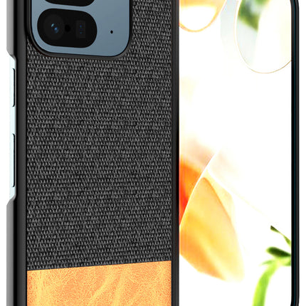Mobizang Soft Fabric & Leather Hybrid Protective Back Cover for Google Pixel 9 Pro Fold | Shockproof Slim Hard Anti Slip Back Case (Black,Brown)