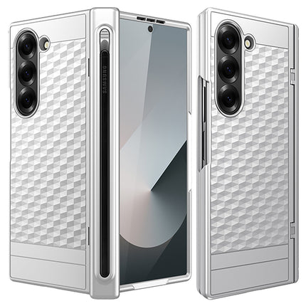 Mobizang Geometric S Pen Holder Hinge Protection Back Cover for Samsung Galaxy Z Fold6 / Fold 6 | Slim Shock proof Case with Inbuilt Glass & S Pen Slot (Silver)