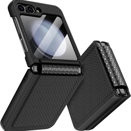 Mobizang Textured Grip Hinge Protection Back Cover for Samsung Galaxy Z Flip5 / Z Flip 5 | with [Inbuilt Glass] Full Body Shockproof Hard Back Case (Black)