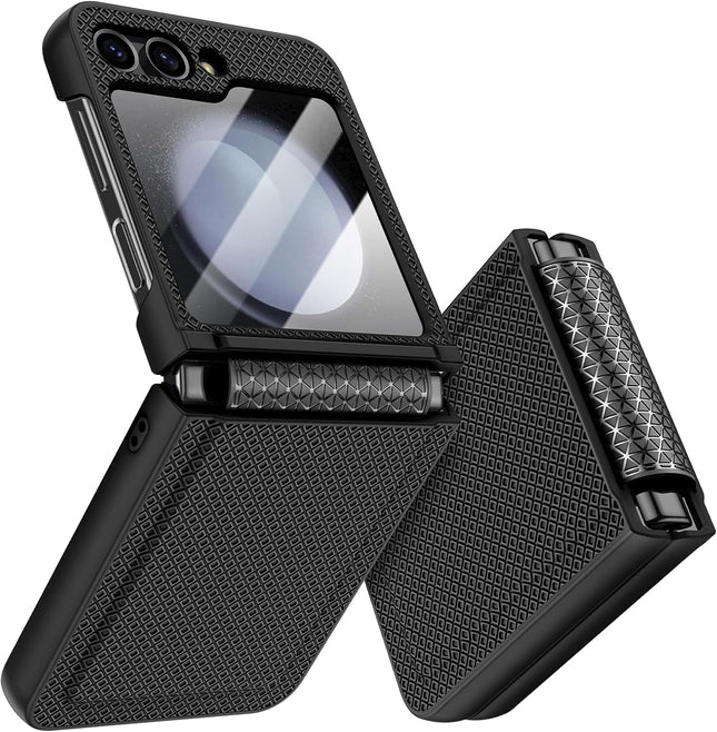 Mobizang Textured Grip Hinge Protection Back Cover for Samsung Galaxy Z Flip5 / Z Flip 5 | with [Inbuilt Glass] Full Body Shockproof Hard Back Case (Black)