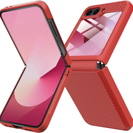 Mobizang Textured Grip Hinge Protection Back Cover for Samsung Galaxy Z Flip6 / Z Flip 6 | with [Inbuilt Glass] Full Body Shockproof Hard Back Case (Red)
