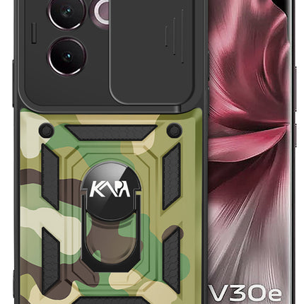Mobizang Tank Back Cover for Vivo V30E (5G) | Inbuilt Ring + Slider Shockproof Lens Protection Bumper Back Case (Green)