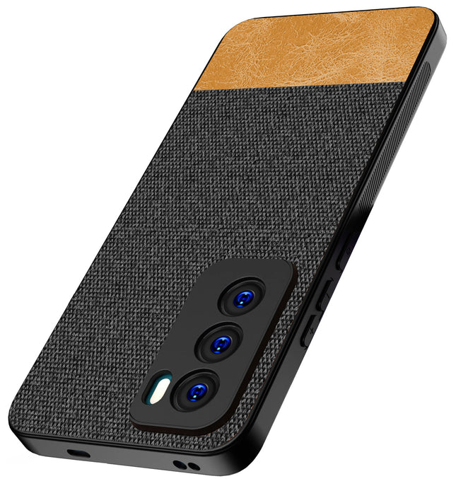 Mobizang Soft Fabric & Leather Hybrid Protective Back Cover for Oppo Reno 12 (5G) | Shockproof Slim Hard Anti Slip Back Case (Black,Brown)